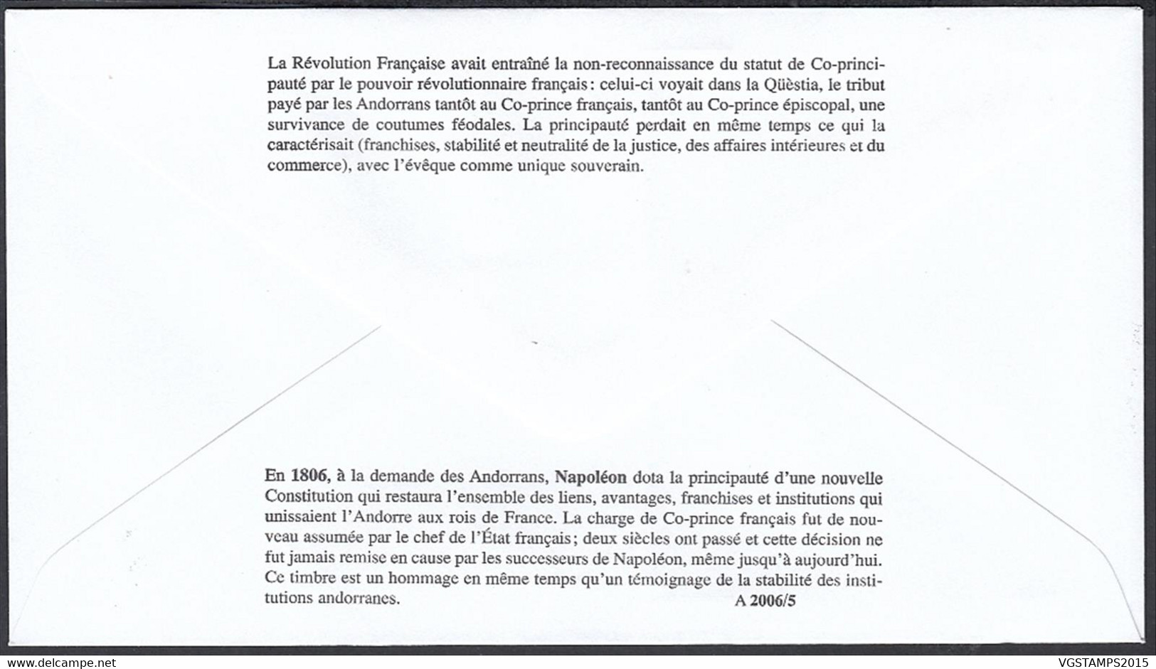 Andorre  2006-Andorre-Française- Lettre 1er. Jour Emission. Mi Nº 646 /Yvert Nº 625. Theme: Napoléon (VG) DC-11108 - Oblitérés