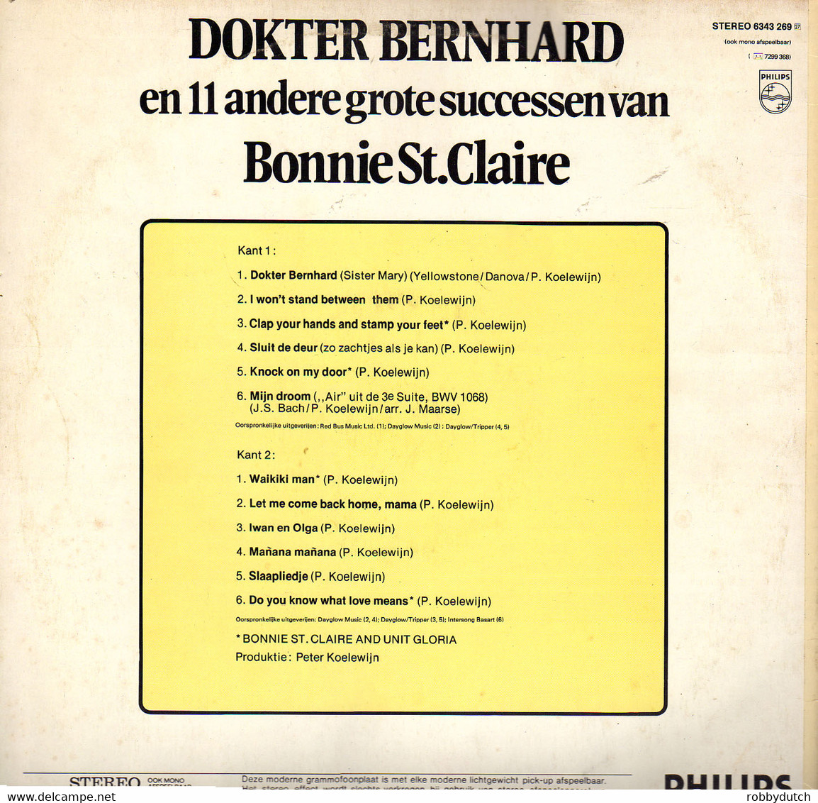 * LP *  BONNIE ST. CLAIRE - DOKTER BERNHARD En 11 Andere Grote Successen. - Sonstige - Niederländische Musik