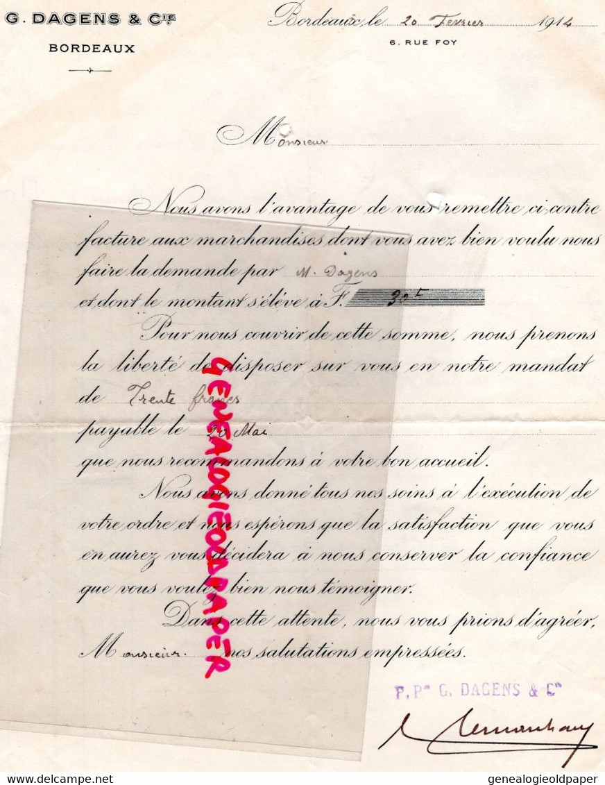 33- BORDEAUX- FACTURE G. DAGENS  VINS -6 RUE FOY- DOCTEUR COUTURIER GARE MERINCHAL CREUSE -1914 - Lebensmittel