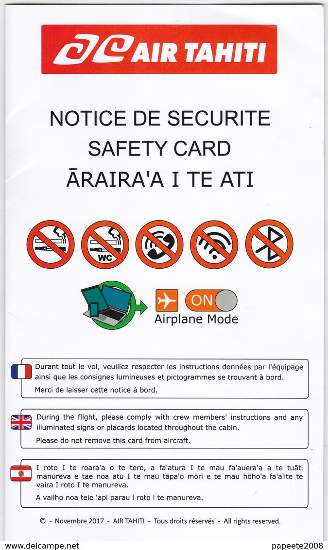 Air Tahiti / Consignes De Sécurité / Safety Card - Novembre 2017 - Consignes De Sécurité