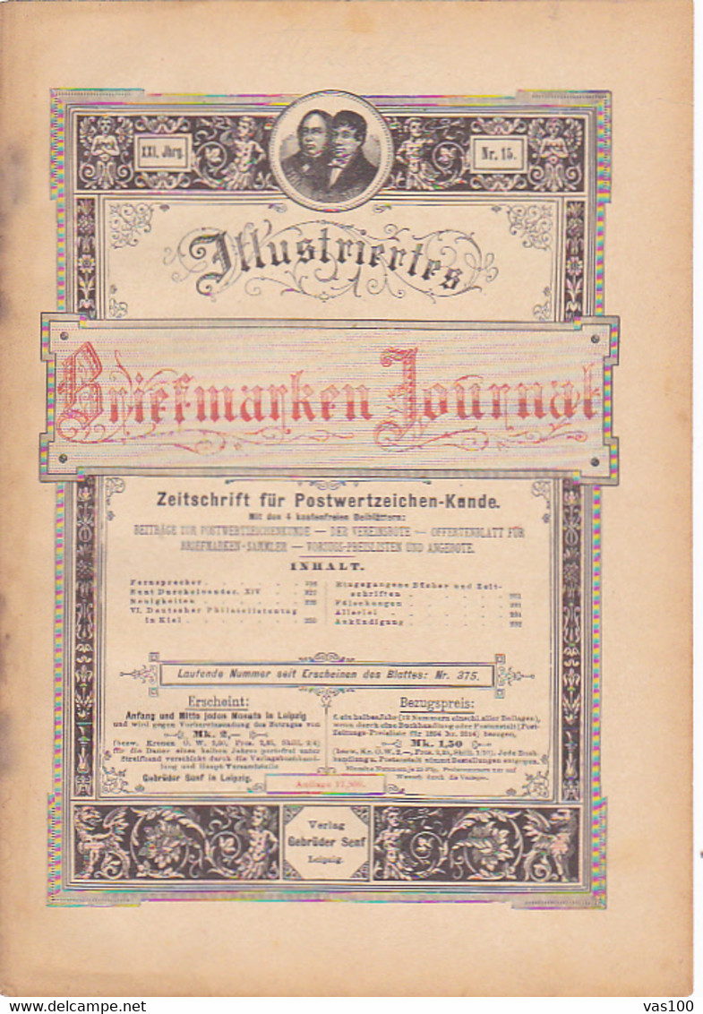 BOOKS, GERMAN, MAGAZINES, HOBBIES, ILLUSTRATED STAMPS JOURNAL, 8 SHEETS, LEIPZIG, XXI YEAR, NR 15, 1894, GERMANY - Hobby & Verzamelen