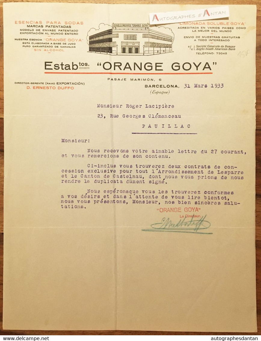 ● Ets Orange Goya - Barcelona - Limonada - à M. Roger Lacipière à Pauillac - Barcelone - Lettre - Lesparre Castelnau - Spanien