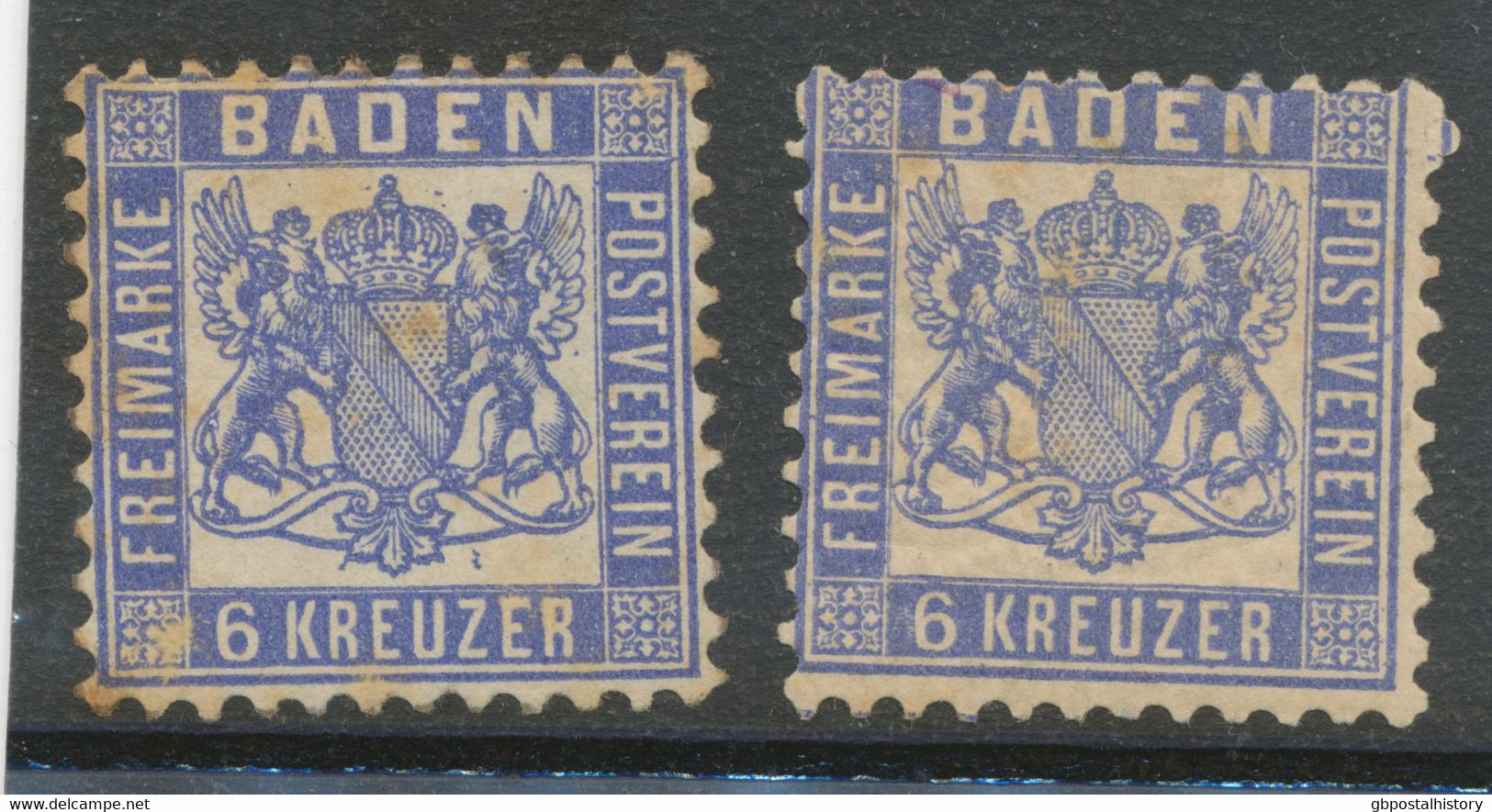 BADEN 1865, 6 Kr. Ultramarin (Farbschattierungen, Linker Marke ABART: Siehe Wappenschild) 2 Ungebrauchte Marken – - Mint