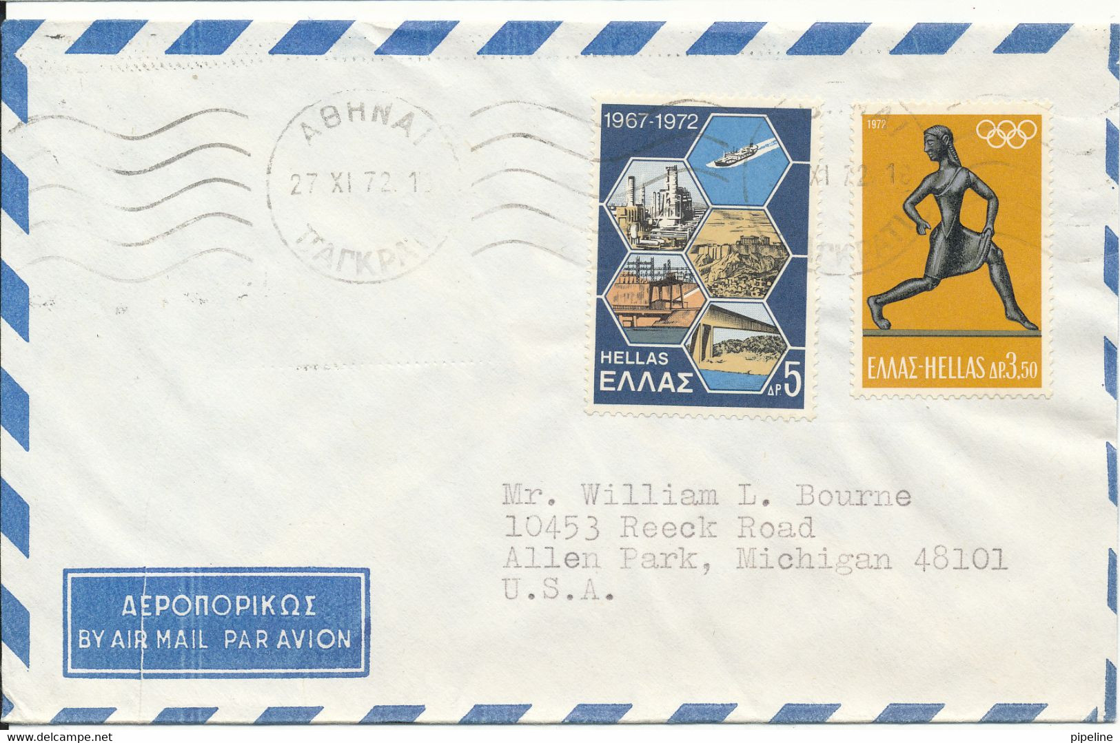 Greece Air Mail Cover Sent To USA 27-11-1972 - Cartas & Documentos