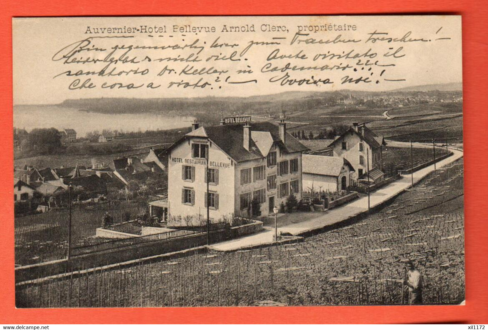 ZTW-34  Auvernier Littoral Hotel Bellevue  Arnold Clerc. Vignes, Petite Animation. Circ. Sous Enveloppe En 1916 - Auvernier