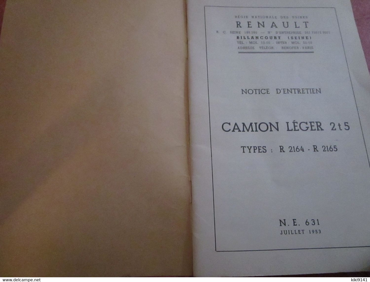 RENAULT - Camion 2,5 Tonnes De Charge Utile Type : R 2164 Et R 2165 - Notice D'Entretien (48 Pages+schéma De Graissage) - LKW