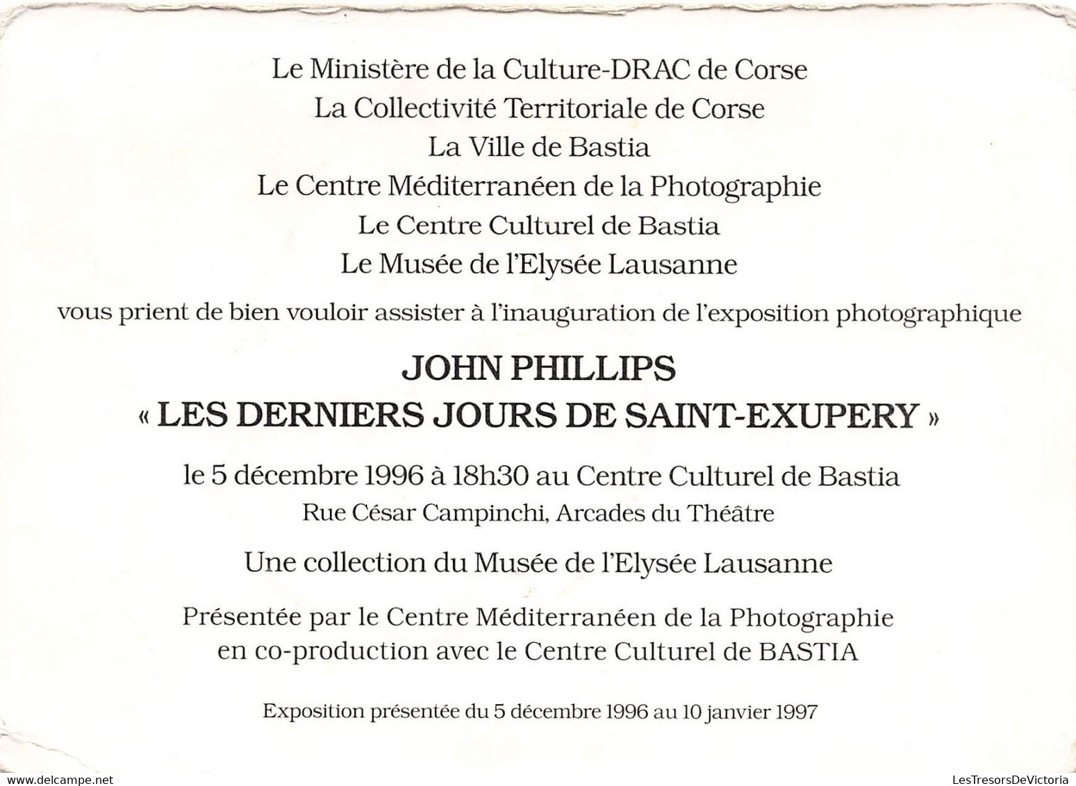 Image Invitation Inauguration Exposition Photographique Les Derniers Jours De St Exupéry - Centre Culturel Bastia Corse - Altri & Non Classificati