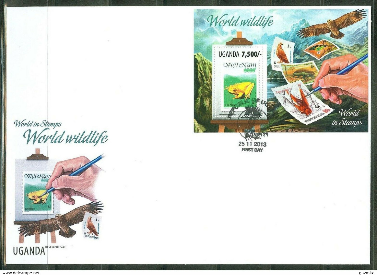 Uganda 2013, Stamp On Stamp, WWF, Frog, Huran Gutan, Eagle, BF In FDC - Schimpansen