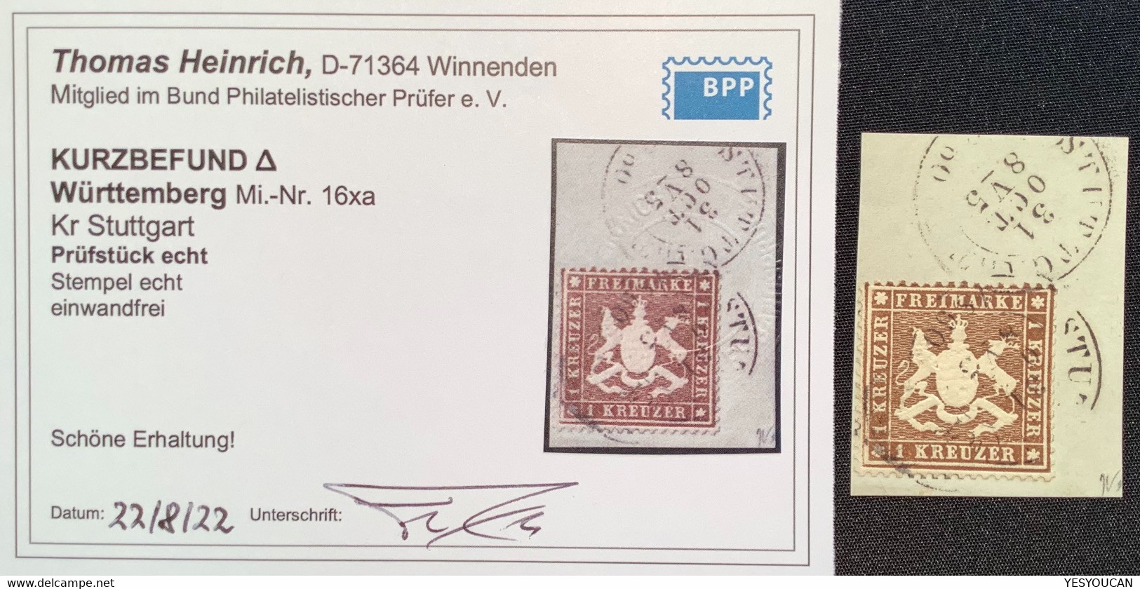 Württemberg Mi.16xa, 1860 1 Kr Braun Dickes Papier Gestempelt KB Thomas Heinrich BPP (Wurtemberg Cert XF Used - Gebraucht