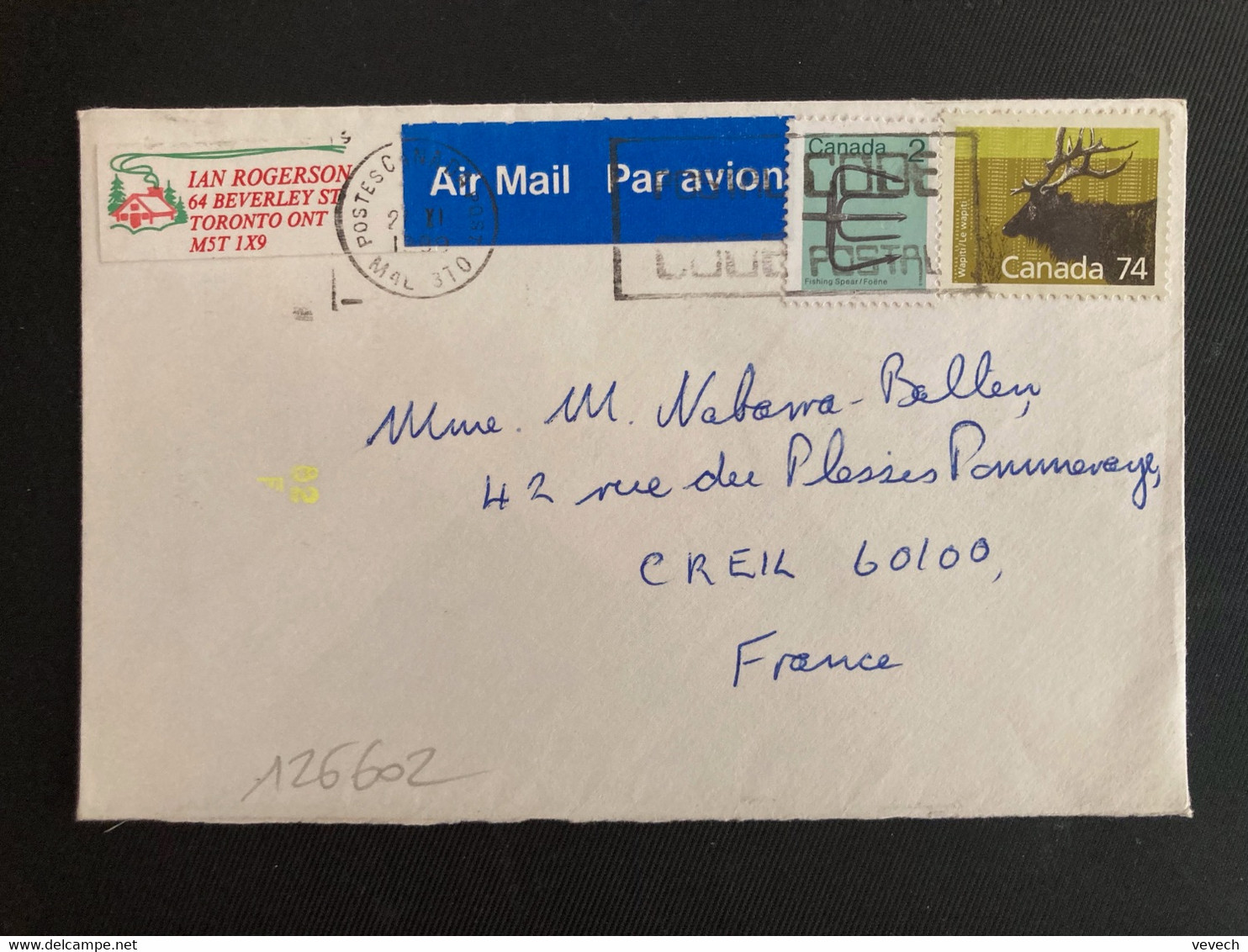 LETTRE Par Avion TP WAPITI 74 + FOENE 2 OBL.MEC.27 XI 1999 POSTES CANADA POST + VIGNETTE CANADA 1989 - Covers & Documents