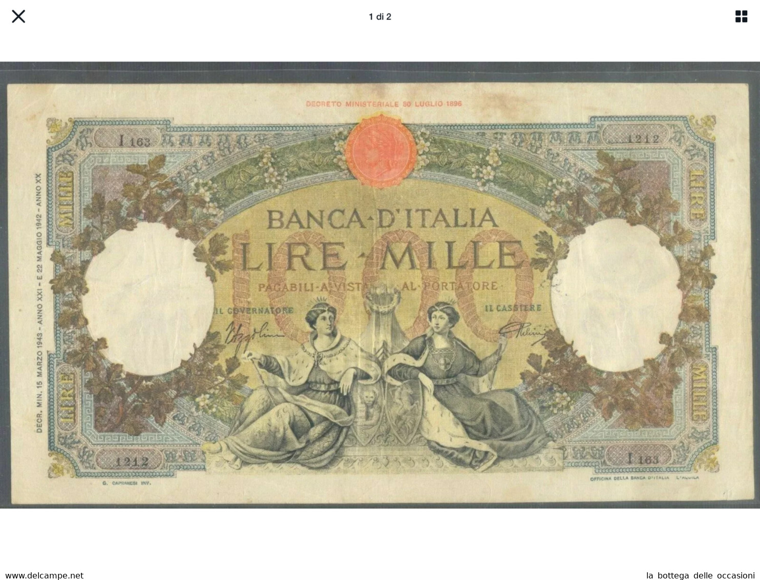 Italia Regno Banconota Da 1000  Lire Vittorio Emanuele III Decreto  15 Marzo 1943   Rara Ottima Considerazione - 1.000 Lire