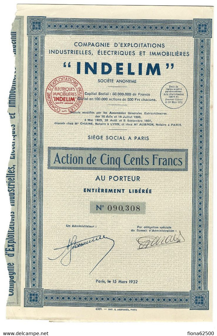 COMPAGNIE D'EXPLOITATIONS INDUSTRIELLES , ELECTRIQUES ET IMMOBILIERES . ACTION DE CINQ CENTS FRANCS AU PORTEUR - Elektrizität & Gas