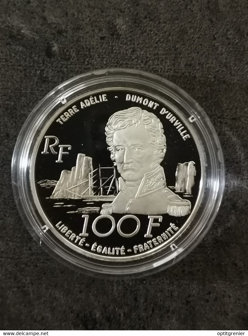 COFFRET BE 5 & 2* 100 FRANCS ARGENT DUMONT D'URVILLE TERRES AUSTRALES ET ANTARCTIQUES / SILVER FRANCE PROOF CERTIFICAT