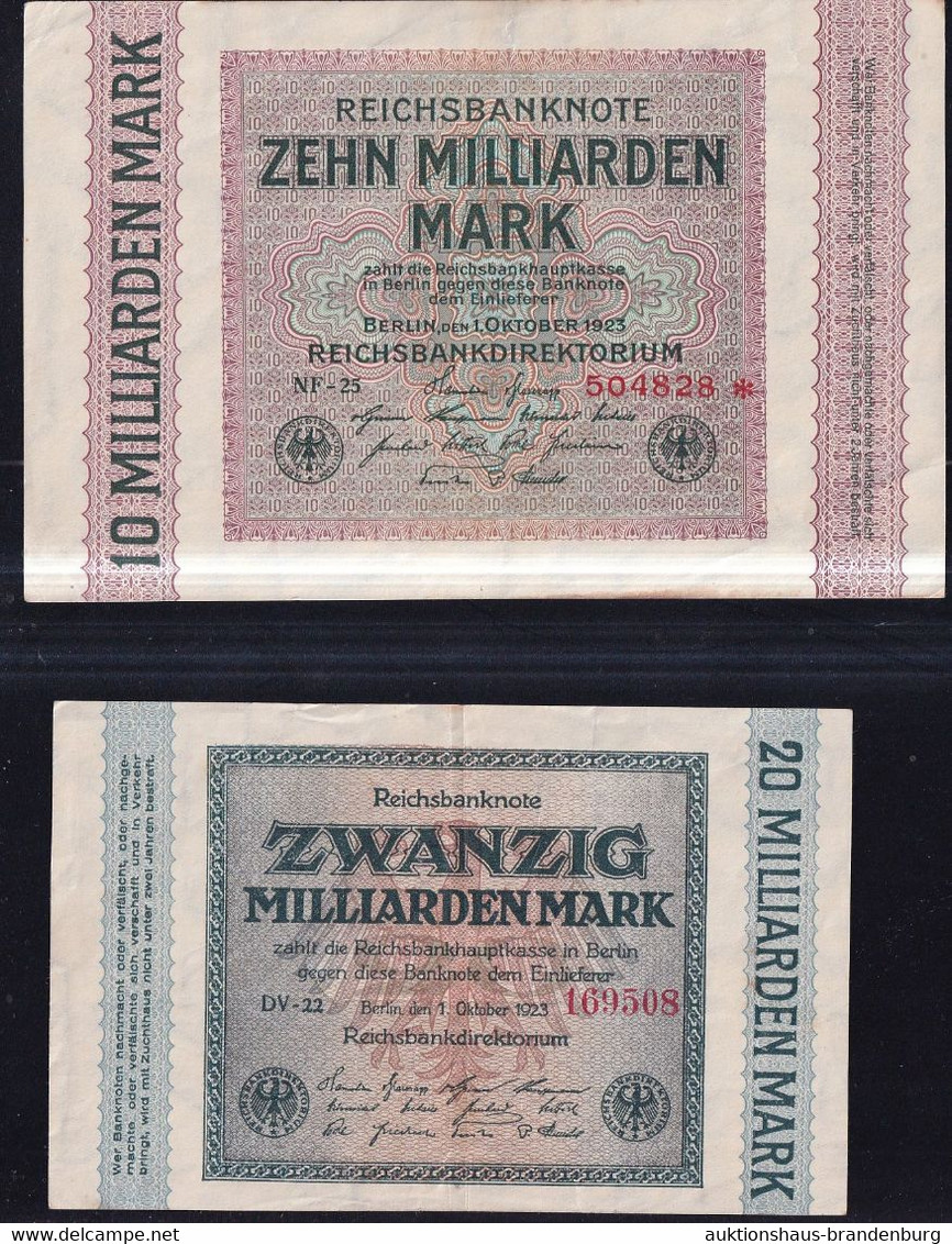 10 + 20 Milliarden Mark 1.10.1923 - Wz. Hakensterne - Reichsbank (DEU-136f, 137g) - Collections