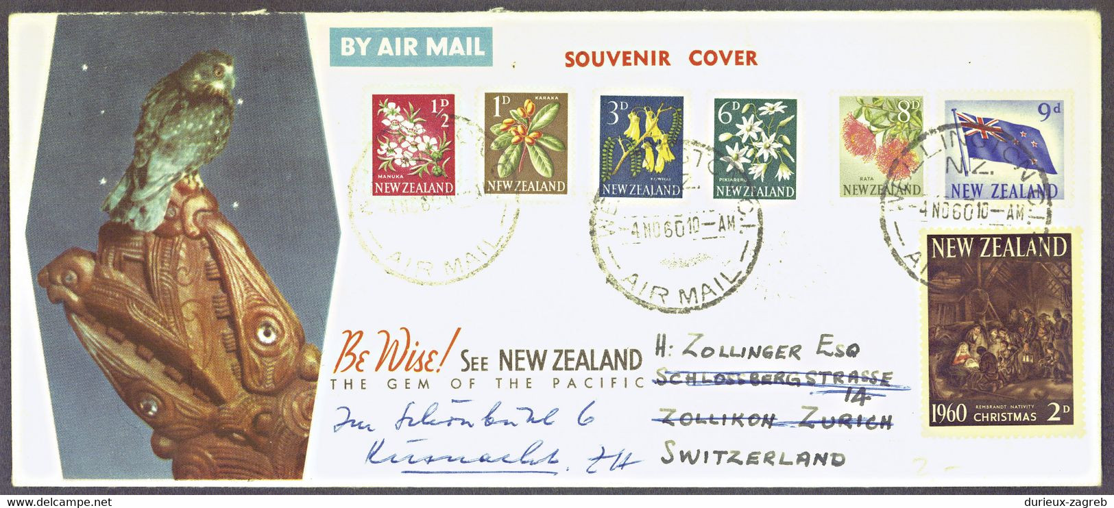 New Zealand Multifranked Illustrated Souvenir Cover Posted 1960 To Switzerland B220901 - Lettres & Documents