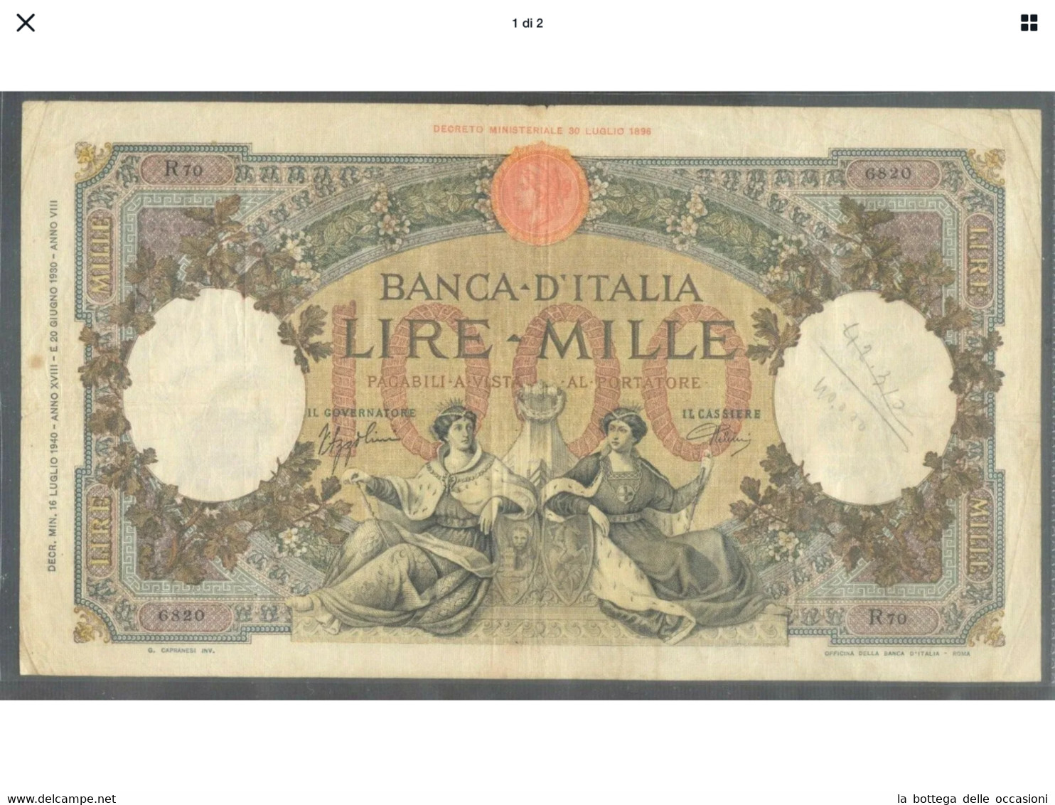 Italia Regno Banconota Da 1000  Lire Vittorio Emanuele III Decreto   16/7/1940 Rara Ottima Conservazione - 1.000 Lire