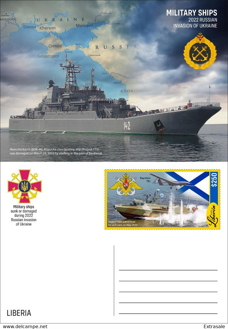 Liberia 2022 Stationery Cards MNH Military Ships Warship Moskva Russian Invasion in Ukraine Collection Set of 6 Cards