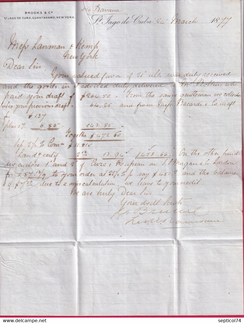 LETTRE DE CUBA ST JAGO DE CUBA GUANTANAMO 1877 VIA HAVANA NEW YORK DUE 5 CENTS LETTRE COVER FRANCE - Préphilatélie