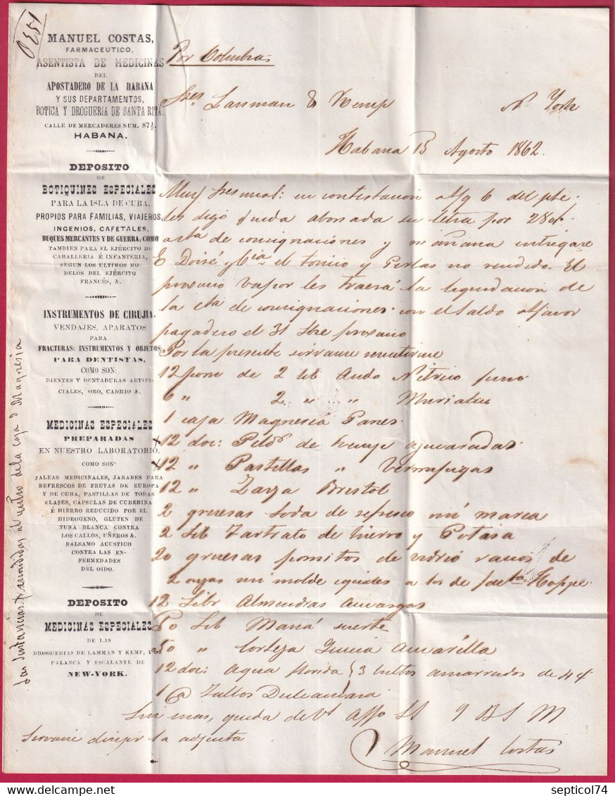 LETTRE DE CUBA LA HAVANE HAVANA 1862 POUR NEW YORK USA STEALSHIP 20 LETTRE COVER FRANCE - Préphilatélie