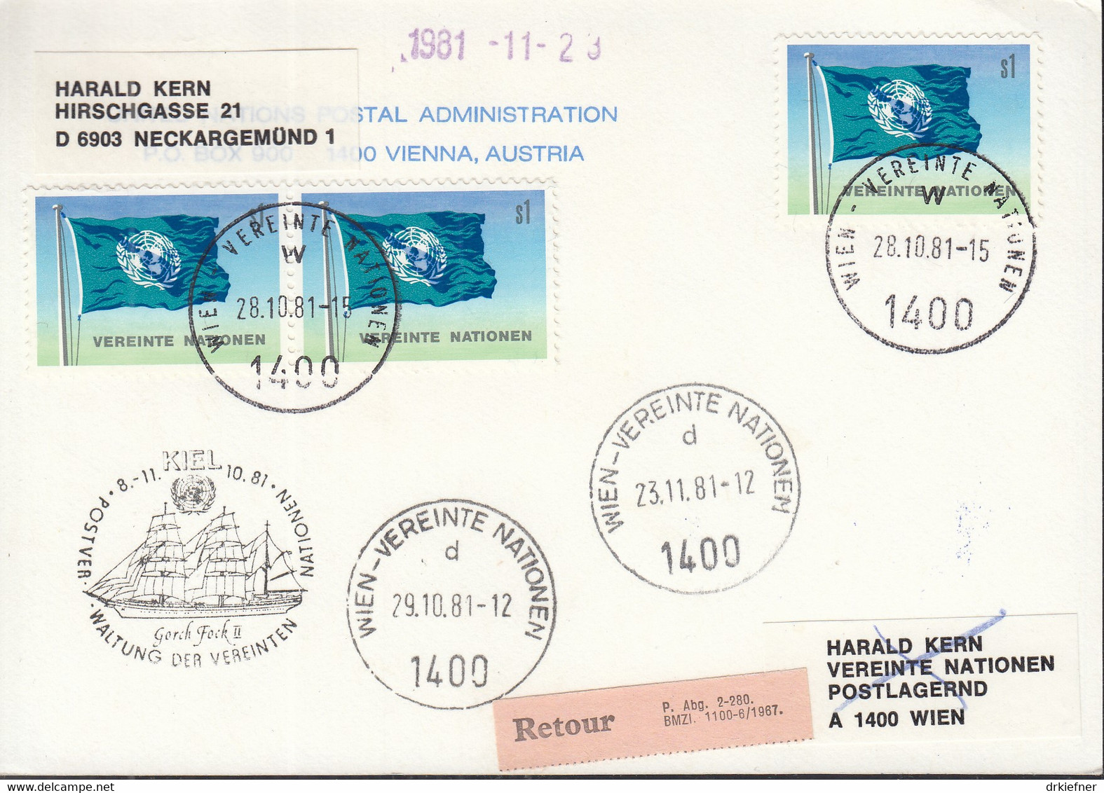 UNO WIEN  Weiße Karte 14, Kiel 8.10.1981, Echt Gelaufen, Mit Schiffsstempel SSS Gorch Fock - Briefe U. Dokumente