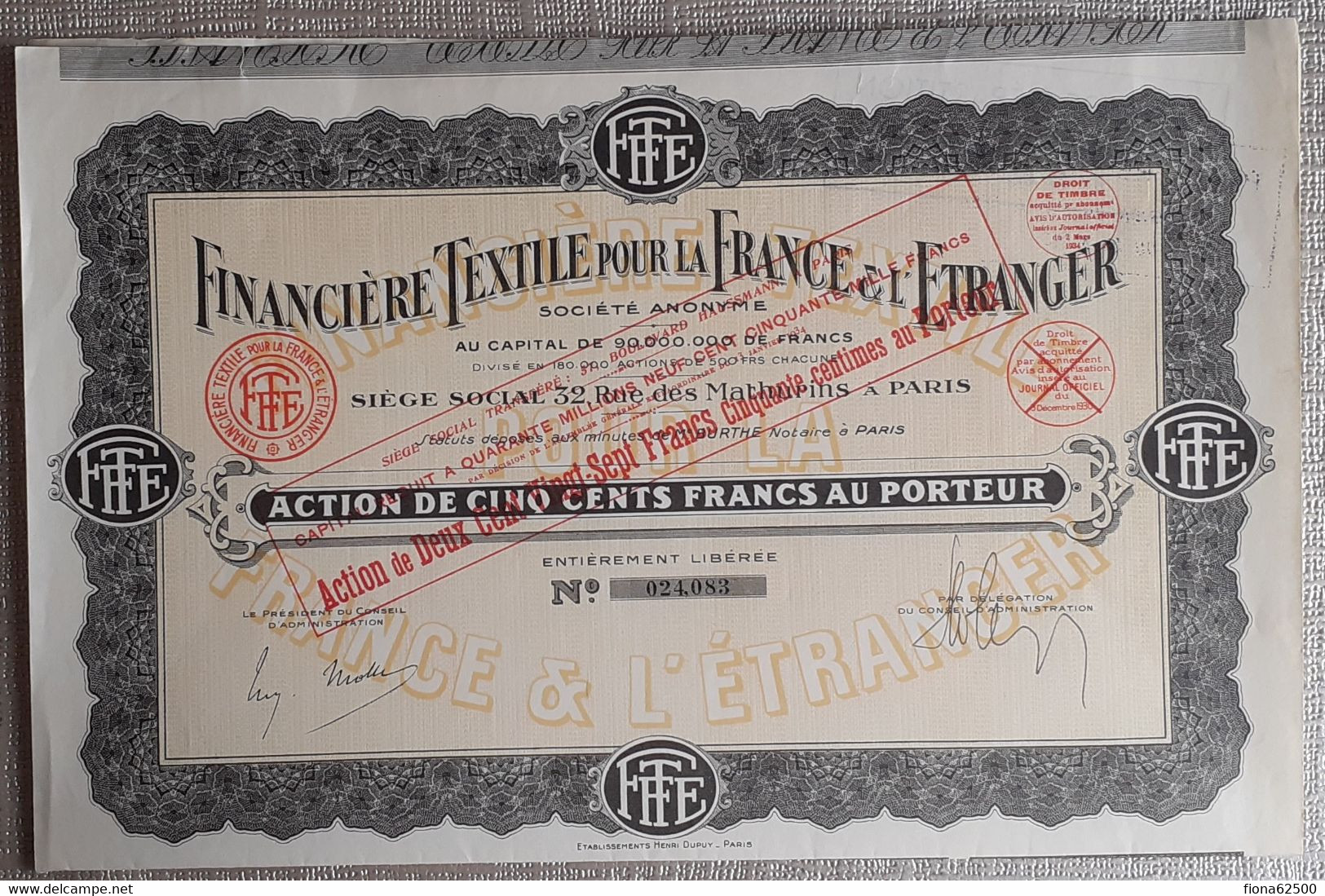 FINANCIERE TEXTILE POUR LA FRANCE & L'ETRANGER . ACTION DE CINQ CENTS FRANCS AU PORTEUR . - Tessili