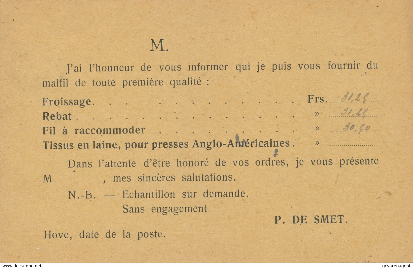 HOVE BEDRIJFSKAART 1925 - P.DE SMET  FABRICANT DE MALFIL          2 SCANS - Hove