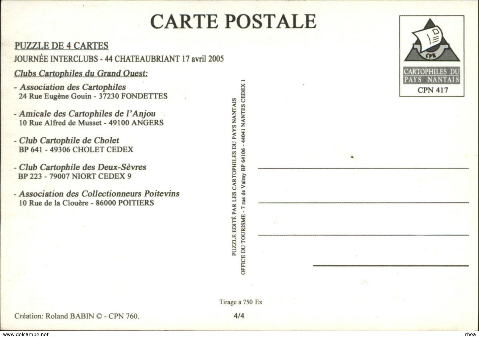 44 - NANTES - Châteaubriant - PUZZLE De 4 Cartes - Journées Interclubs Du Grand Ouest - 2005 - Sammlerbörsen & Sammlerausstellungen