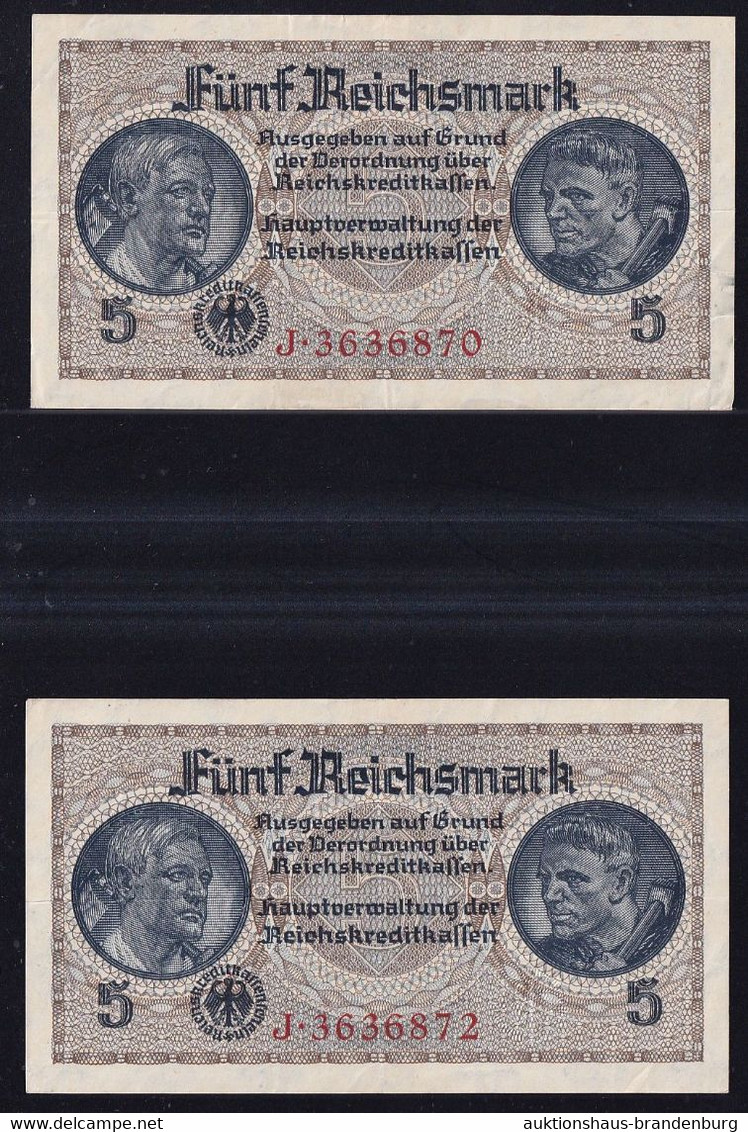 2x 5 Reichsmark 1939 O.A. - Serie J Mit Fast Laufender KN - Reichskreditkassen (ZWK-4a) - Sonstige & Ohne Zuordnung