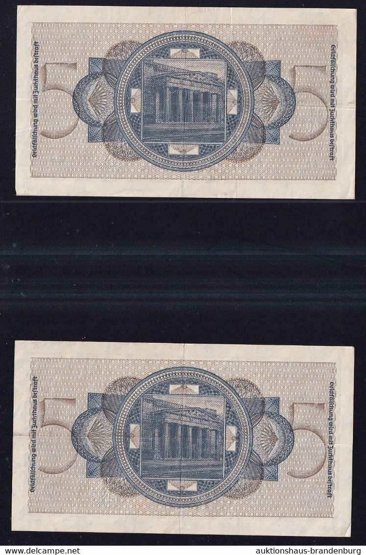 2x 5 Reichsmark 1939 O.A. - Serie J Mit Fast Laufender KN - Reichskreditkassen (ZWK-4a) - Sonstige & Ohne Zuordnung