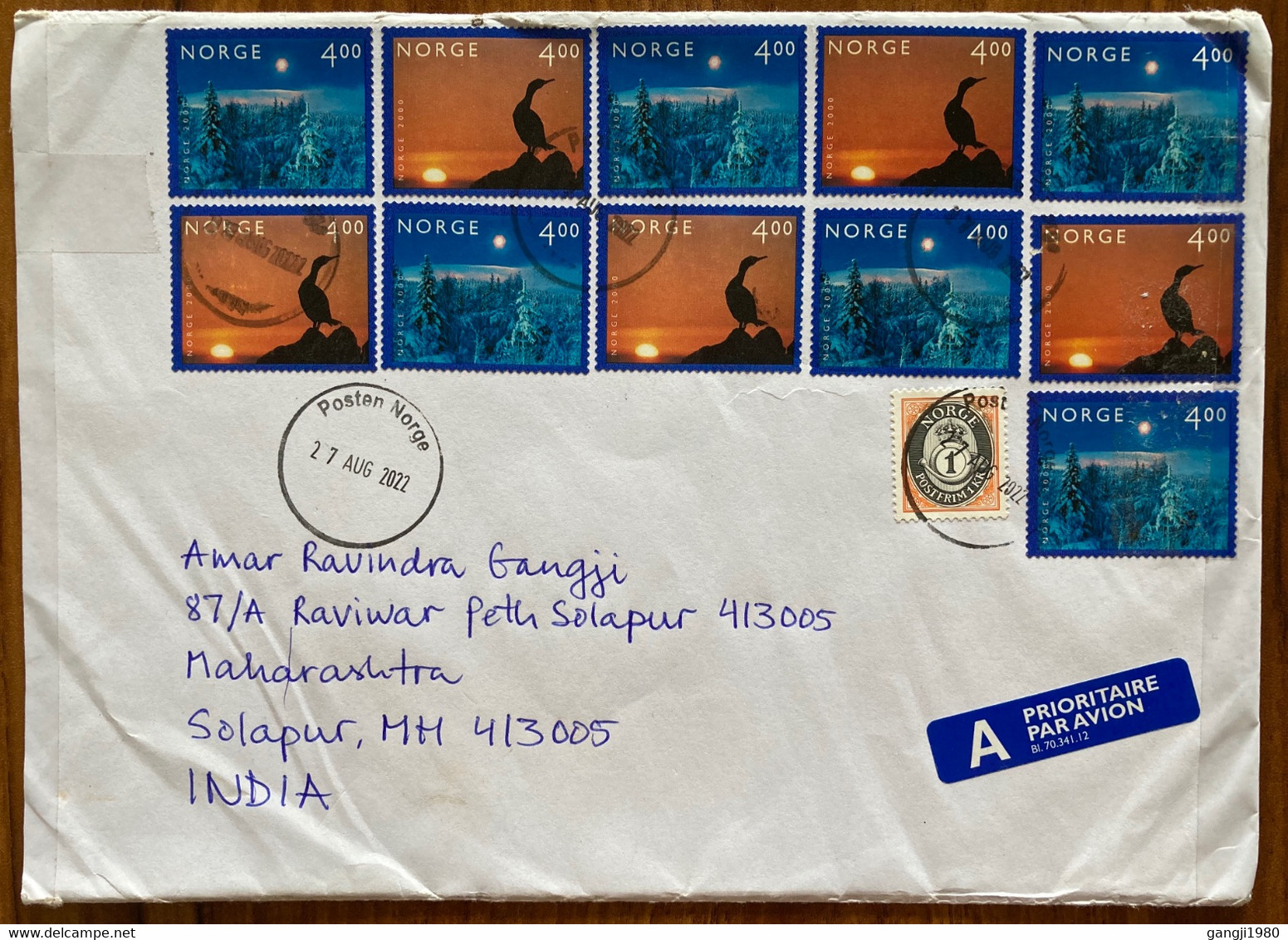 NORWAY,2022,USED COVER 1 SELF ADHESIVE YEAR 2000 MILLENNIUM STAMPS 11 AIRMAIL VIGNETTE,POSTEN NORGE CANCEL TO IN - Lettres & Documents