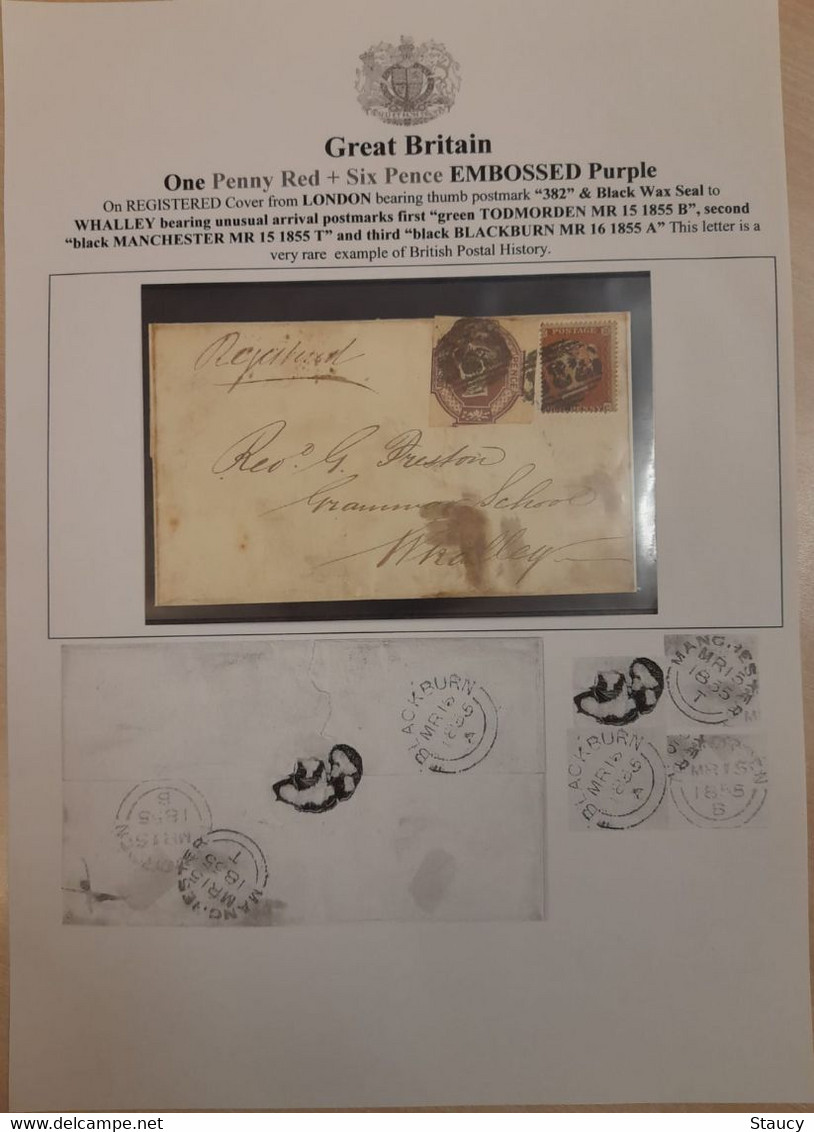 UK GB GREAT BRITAIN 1855 7d Internal Rate Registered Cover Bearing 6d Embossed + 1d Red To Whalley, Cds Blackburn/todmod - Brieven En Documenten