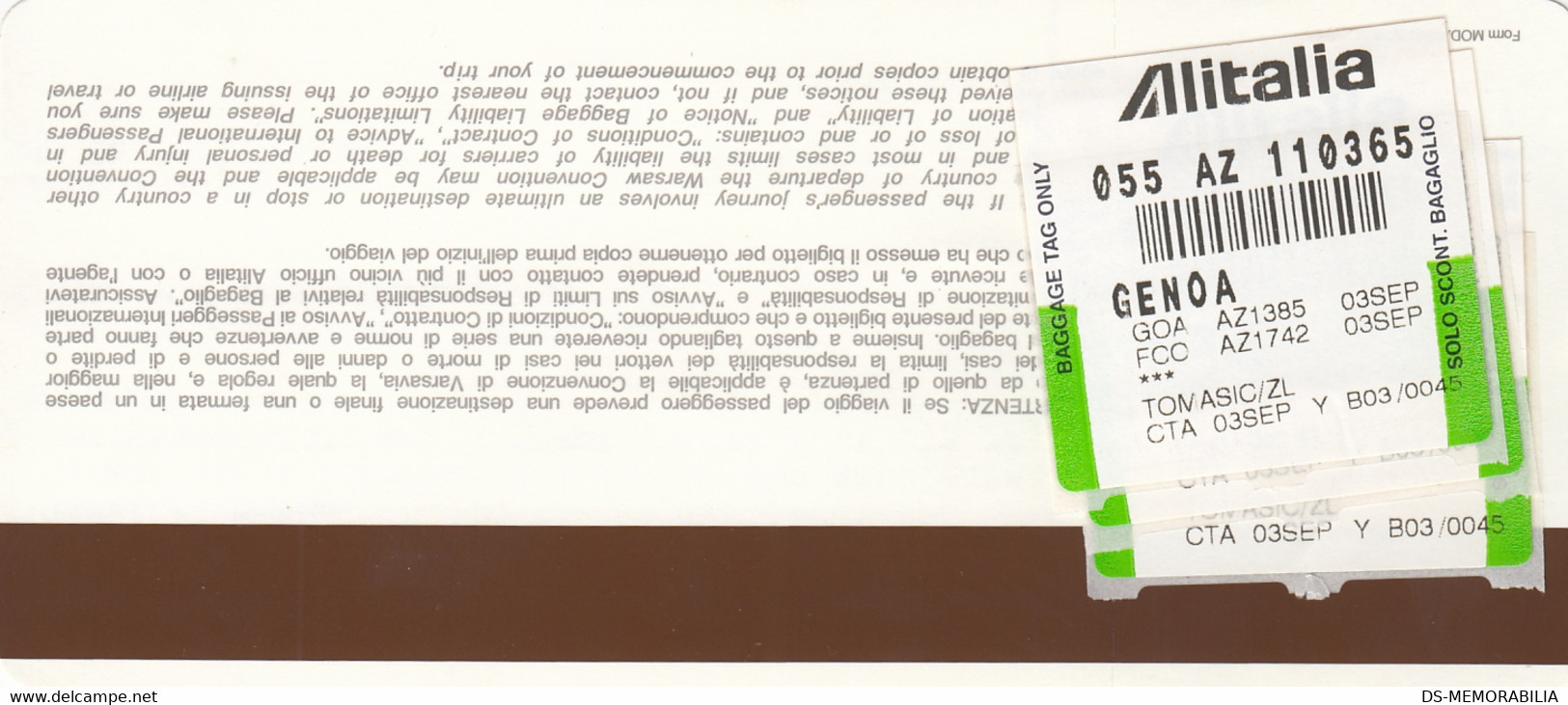 Alitalia Passenger Ticket & Baggage Check Flight Catania-Genoa - Biglietti