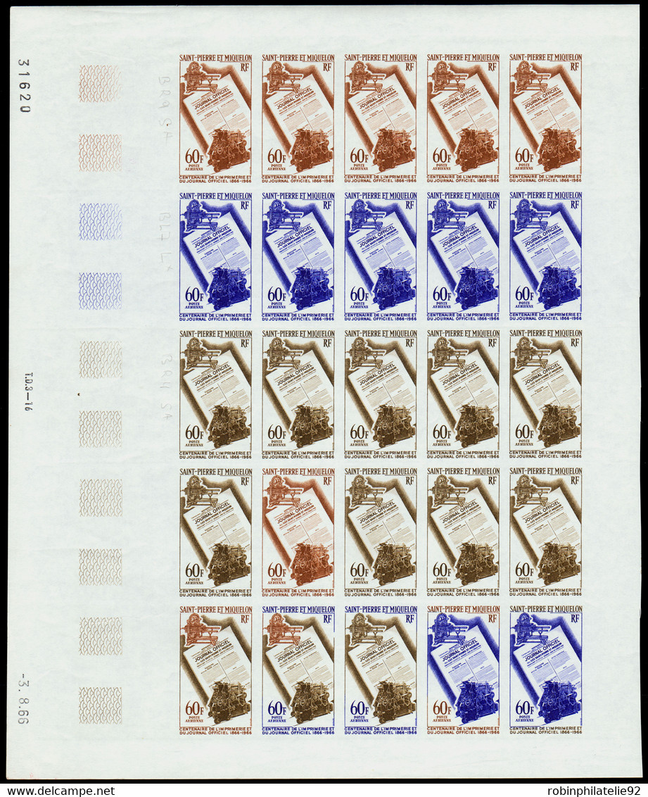 Saint Pierre Et Miquelon Essais De Couleur Poste Aérienne N°37 Centenaire De L'imprimerie Feuille De 25 Timbres Qualité: - Non Dentellati, Prove E Varietà