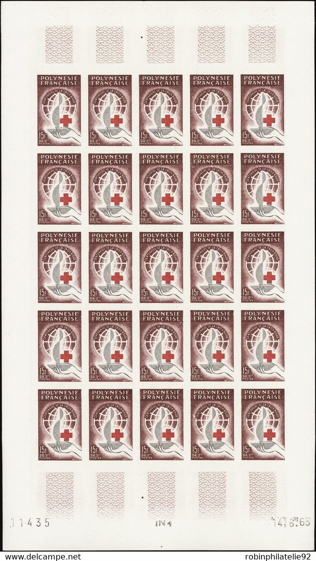 Polynésie Non Dentelés N°24 Croix Rouge 1963 Feuille De 25 Timbres Non Dentelés Qualité:** - Non Dentelés, épreuves & Variétés