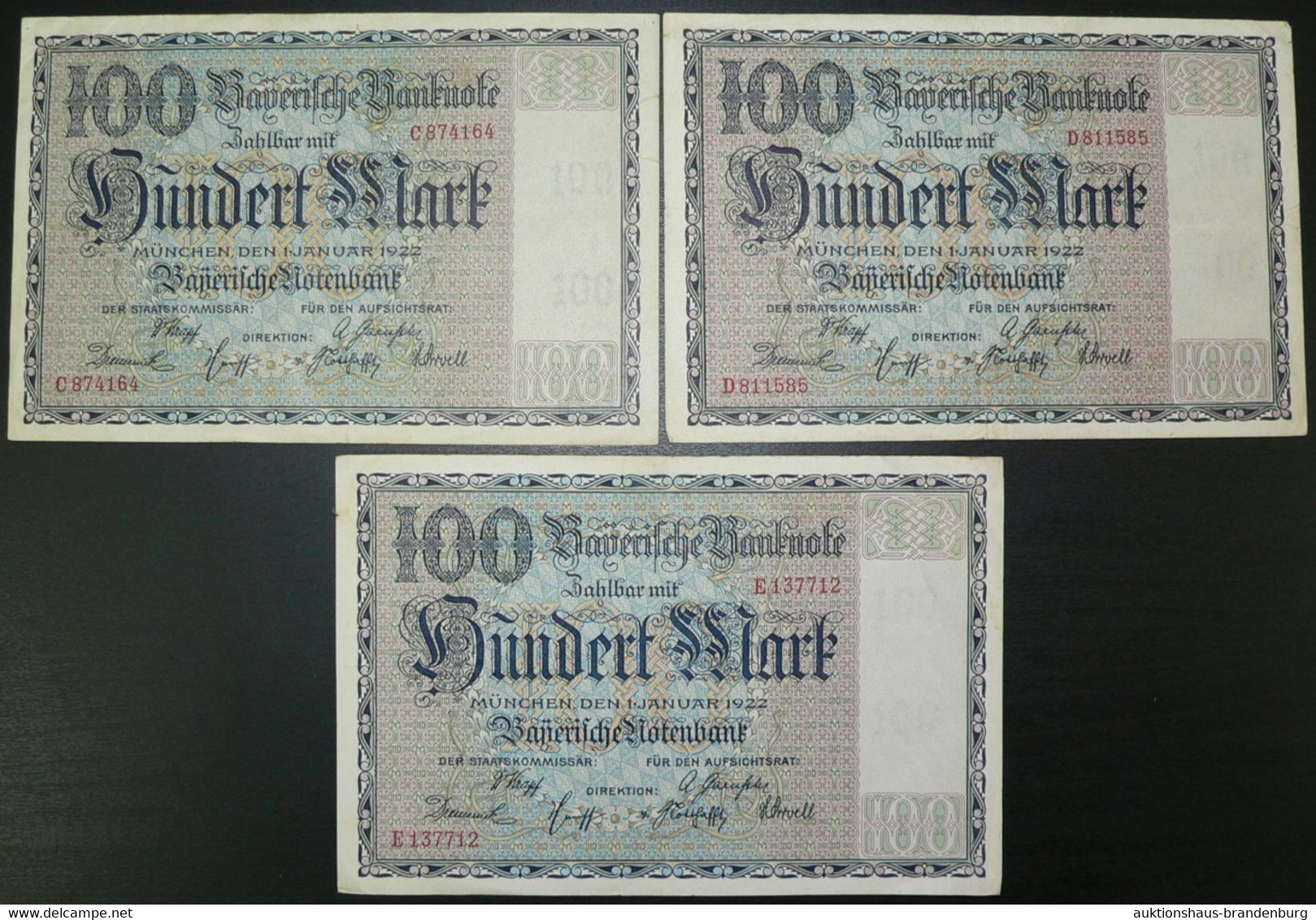 München: 3x 100 Mark 1.1.1922 - Serie C, D, E - Bayerische Notenbank (BAY-4) - 100.000 Mark