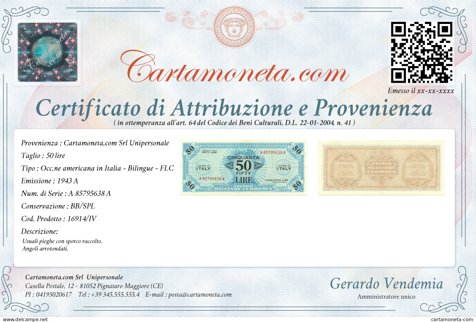 50 LIRE OCCUPAZIONE AMERICANA IN ITALIA BILINGUE FLC A-A 1943 A BB/SPL - 2. WK - Alliierte Besatzung