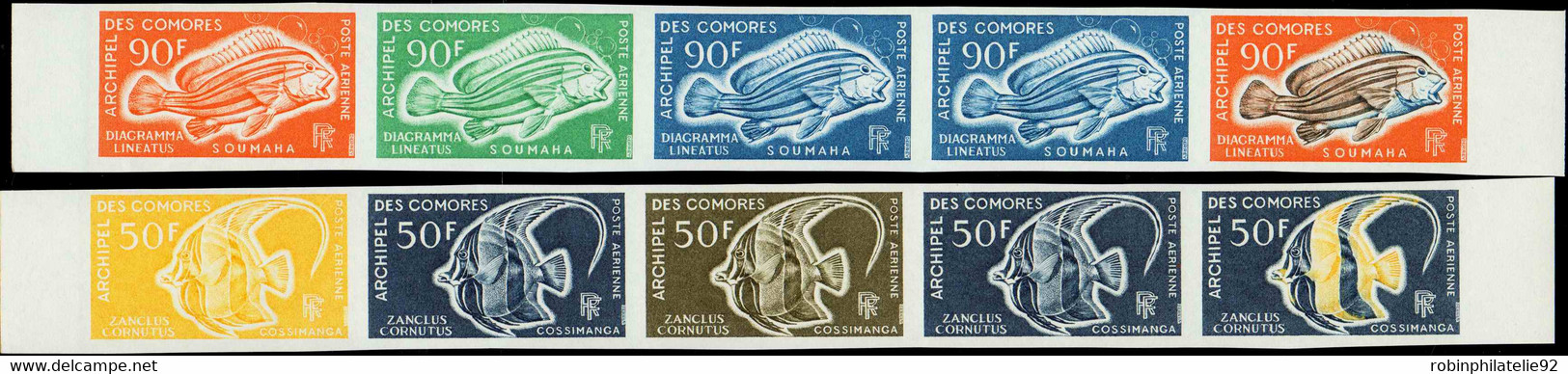 Comores Essais De Couleur Poste Aérienne N°23 /24 Poissons 2 Valeurs En Bandes De 5 Qualité:** - Autres & Non Classés