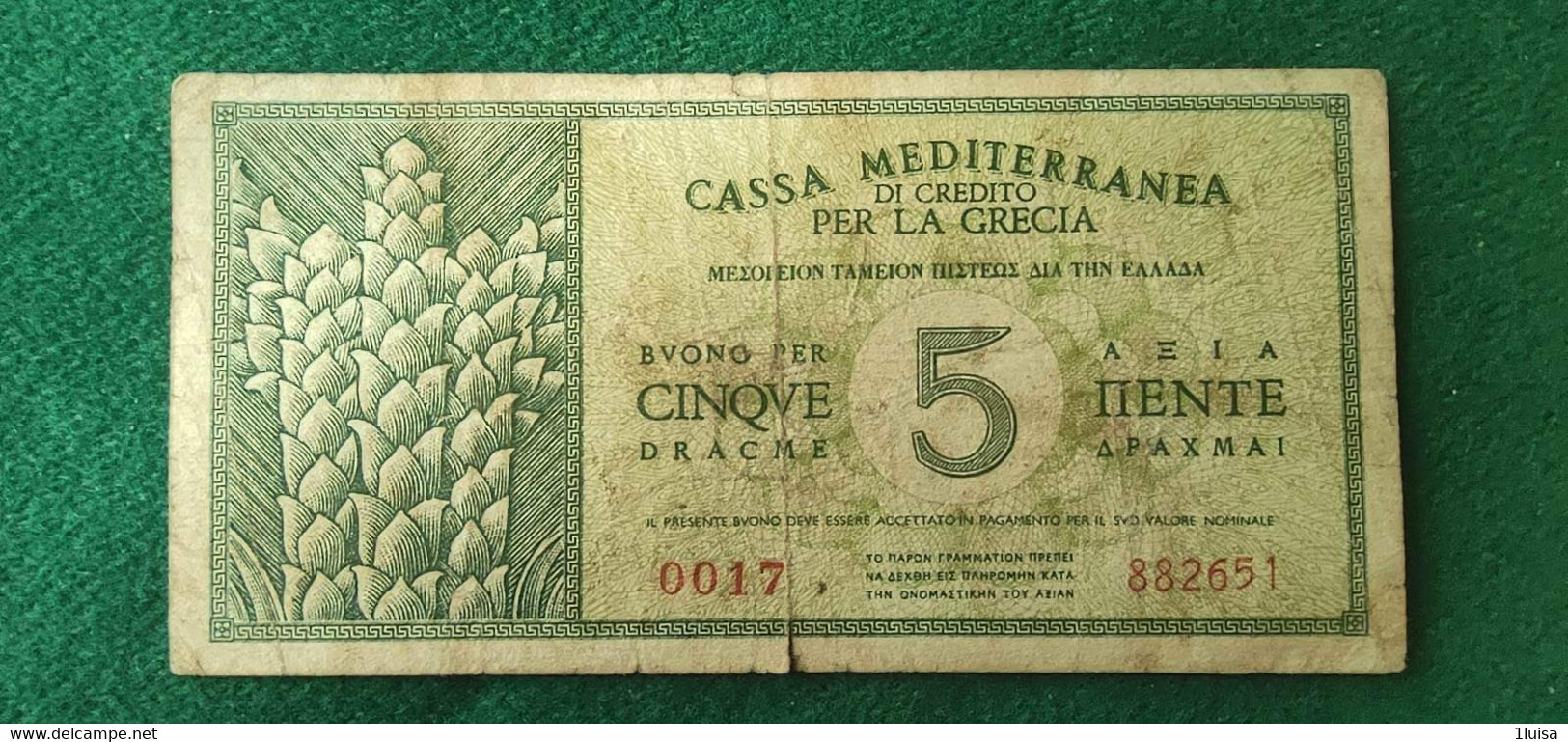 Casa Meditteranea 5 Dracme 1940 - Occupation Italienne Egéenne