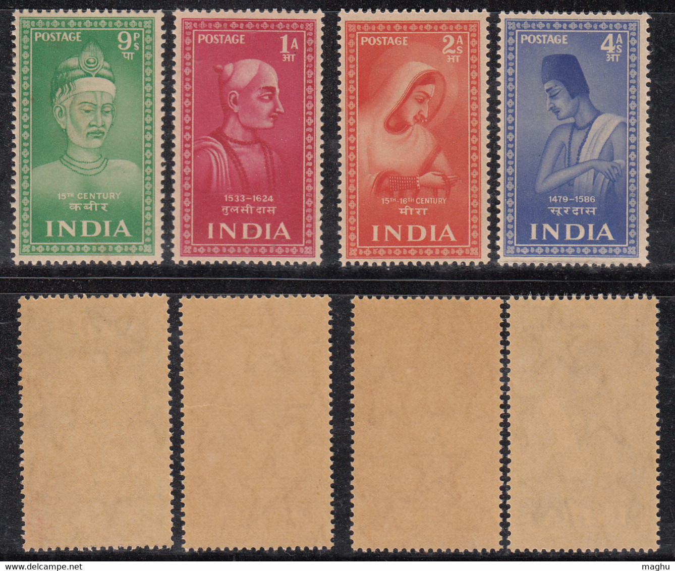 India MNH 1952, Saints And Poets Series, 4v Poet, Kabir, Tulsidas, Meera Bai, Surdas, - Neufs