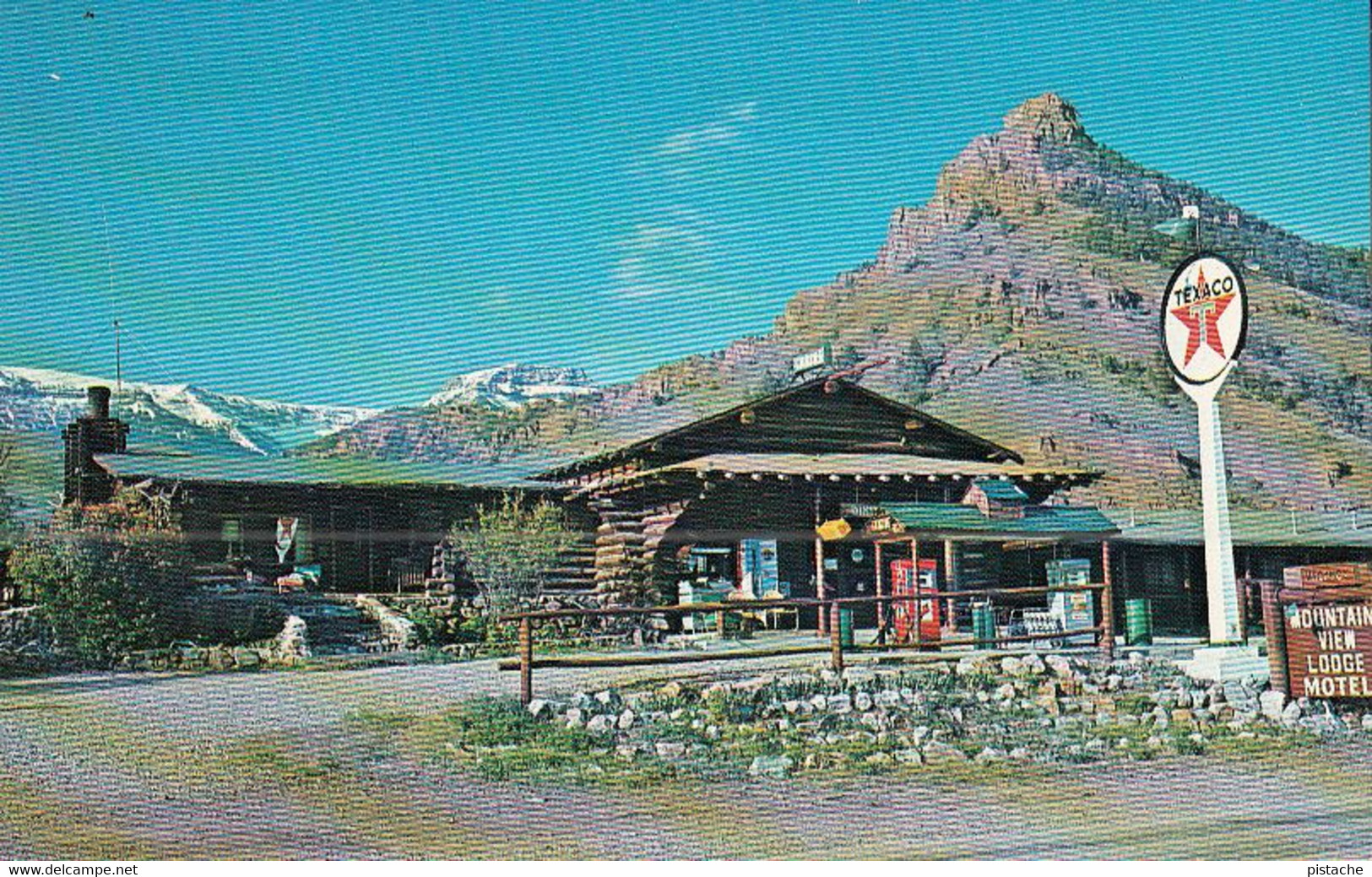 2030 – Cody Wyoming – Log Cabins – Mountain View Lodge Motel – Texaco Gas Station – 2 Scans - Cody