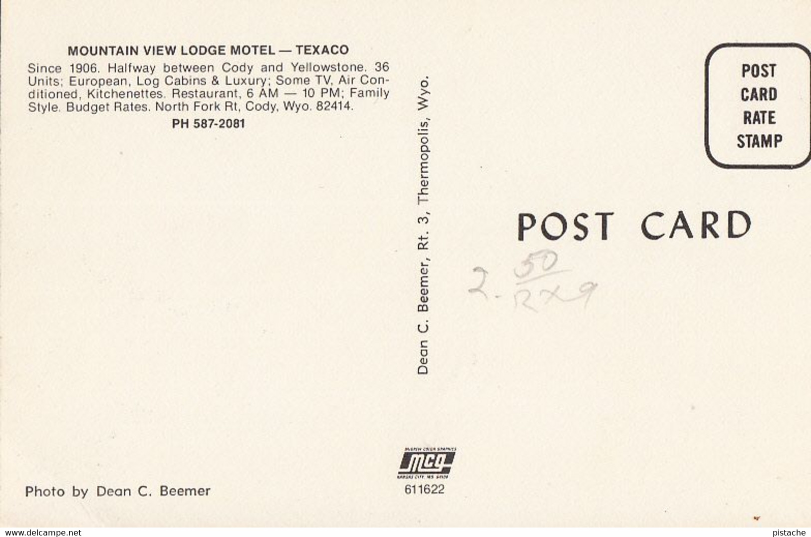 2030 – Cody Wyoming – Log Cabins – Mountain View Lodge Motel – Texaco Gas Station – 2 Scans - Cody