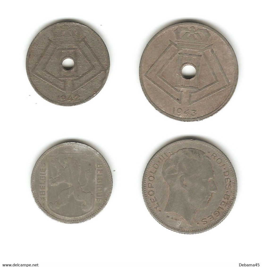 158/ Belgique : LEOPOLD III : 10 Centimes 1942 - 25 Centimes 1943 - 1 Franc 1944 - 5 Francs 1941 - 5 Francs