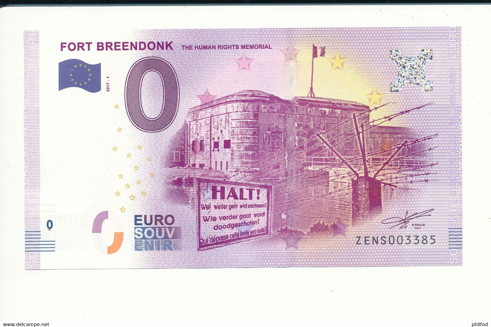 Billet Souvenir - 0 Euro - ZENS- 2017-1 - FORT BREENDONK THE HUMAN RIGHTS MEMORIAL- N° 3385 - Lots & Kiloware - Banknotes