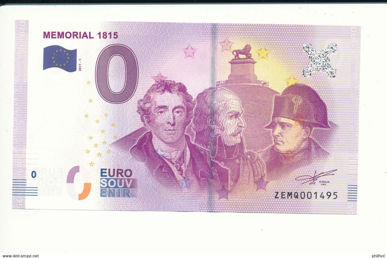 Billet Souvenir - 0 Euro - ZEMQ- 2017-1 - MEMORIAL 1815 - N° 1495 - Billet épuisé - Kilowaar - Bankbiljetten