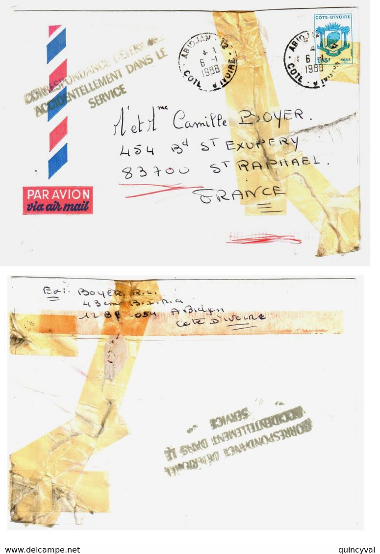 ABIDJAN Côte D'Ivoire Lettre Avion Griffe CORRESPONDANCE DETERIOREE ACCIDENTELLEMENT DANS LE SERVICE 1988 Var St Raphaël - Lettres Accidentées