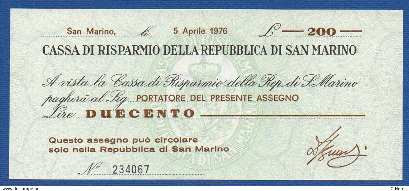 SAN MARINO - CASSA DI RISPARMIO - P. S102 (1) – 200 Lire 1976 UNC, Serie 234067 - San Marino