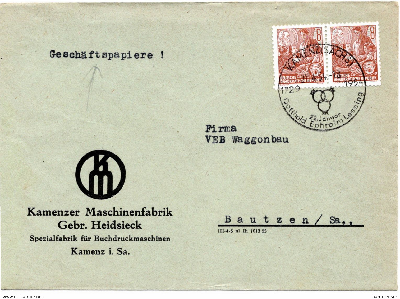 54506 - DDR - 1954 - 2@8Pfg Fuenfjahrplan A GeschBf Handwerbestpl KAMENZ - GOTTHOLD EPHRAIM LESSING -> Bautzen - Ecrivains