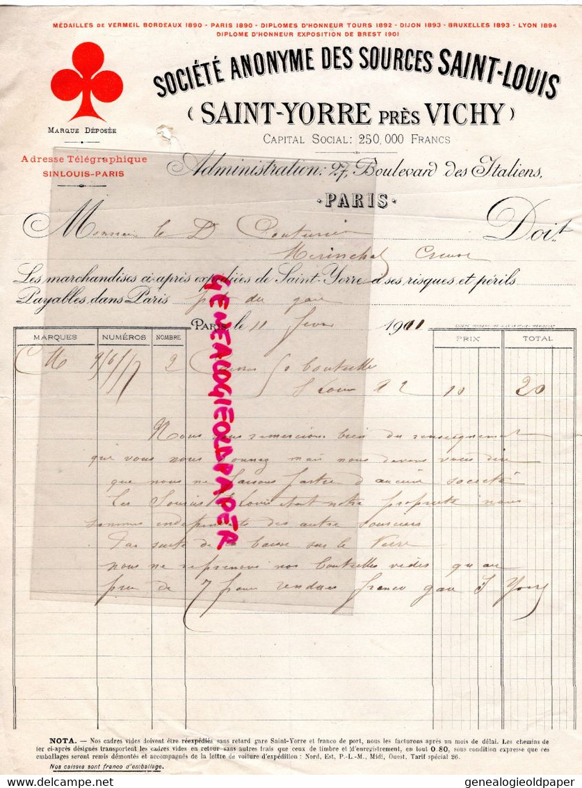 03- ST SAINT YORRE PRES VICHY- FACTURE SOURCES SAINT LOUIS-EAUX MINERALES- 27 BOULEVARD ITALIENS PARIS-1911 - Food