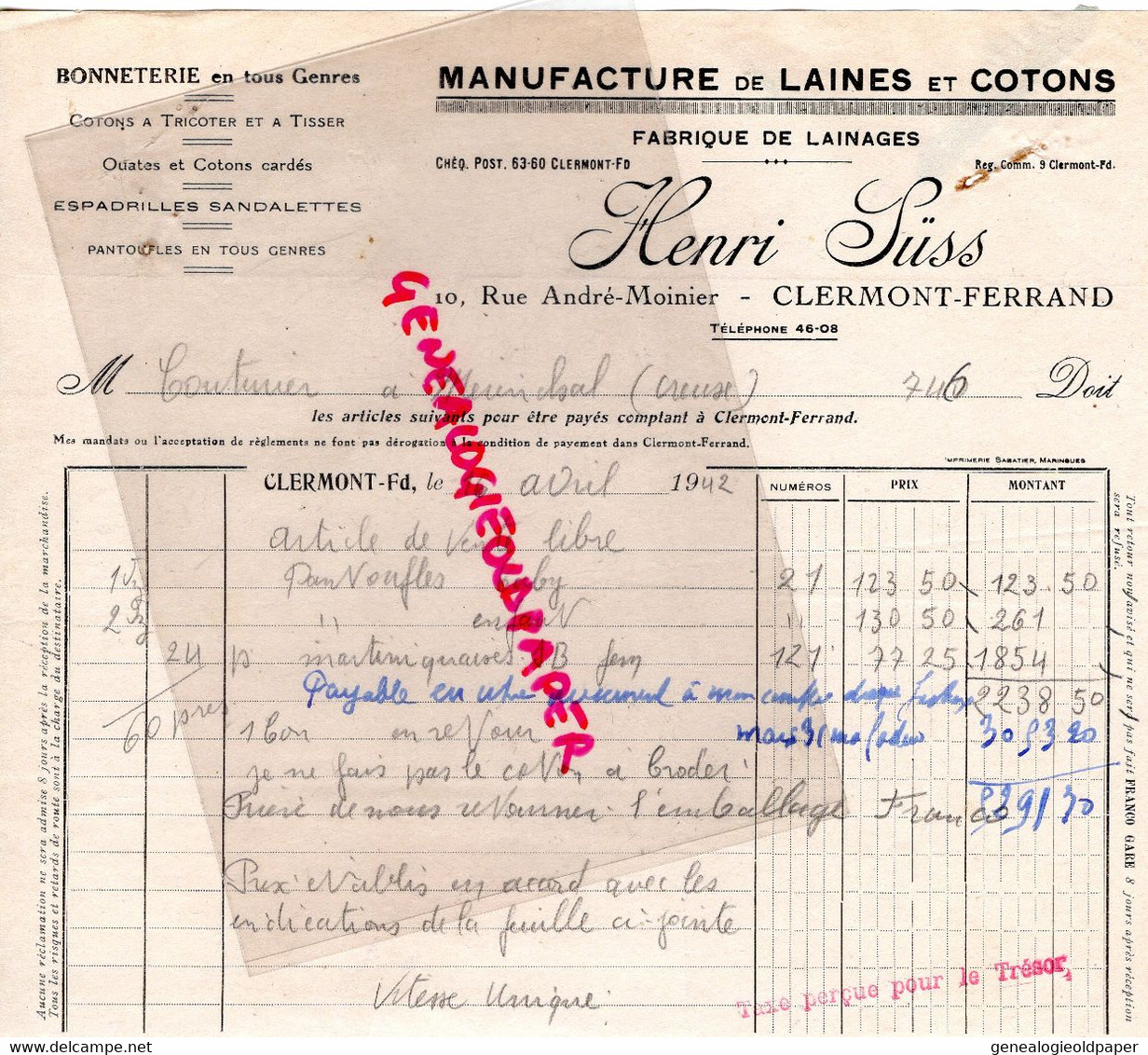 63- CLERMONT FERRAND- FACTURE HENRI SUSS- MANUFACTURE LAINES COTONS-FABRIQUE LAINAGES-10 RUE ANDRE MOINIER-1942 - Textile & Clothing