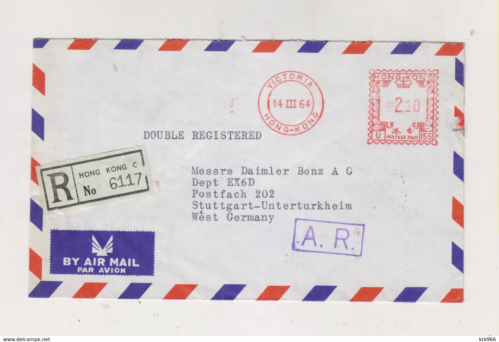 HONG KONG 1964 Registered  Airmail Cover To Germany Meter Stamp - Covers & Documents